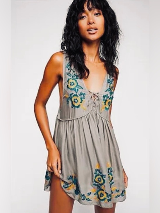 Free People Dresses & Skirts - Free People Intimately Embroidered Aida Gray Boho Slip Dress XS